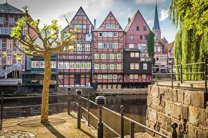 Half Timbering Prints: View from the Luner mill to the Stintmarkt on the Ilmenau, Luneburg, Lower Saxony, Germany