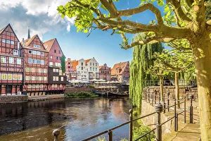 Half Timbering Prints: View from the Luner mill to the Stintmarkt on the Ilmenau, Luneburg, Lower Saxony, Germany