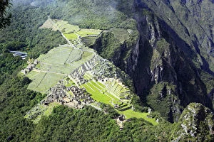 Pre Columbian Gallery: View of Machu Picchu archaeological site from Wayna Picchu mountain, Cuzco, Peru