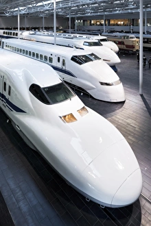 Technology Prints: View of main hall with four shinkansen trains