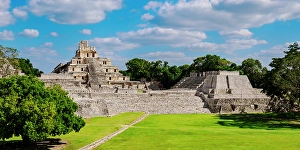 State Of Campeche Prints: View over Main Plaza towards Great Acropolis and Temple of Five Floors