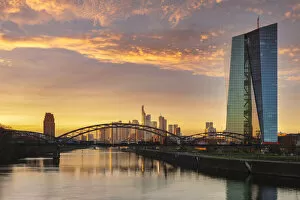 View over Main River to the European Central Bank and the Skyline of Frankfurt, Hesse, Germany