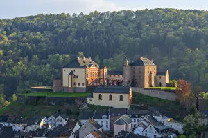 View at Malberg with Castle, Eifel, Kyll valley, Rhineland-Palatinate, Germany