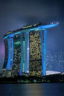View of Marina Bay Sands and Singapore City skyline at night, Singapore, Asia