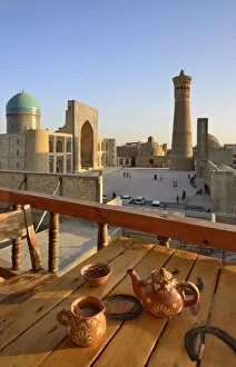 View to the Mir-i-Arab Madrassah and Kalon minaret. Bukhara, a UNESCO World Heritage Site