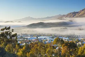 View of mist over Montagu at dawn, Western Cape, South Africa