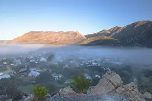 View of mist over Montagu at dawn, Western Cape, South Africa