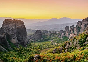 Images Dated 1st September 2022: View towards Monasteries of Rousanou and Saint Nicholas Anapafsas at dusk, Meteora, Thessaly, Greece