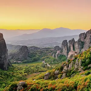 View towards Monasteries of Rousanou and Saint Nicholas Anapafsas at dusk, Meteora, Thessaly, Greece