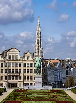 View over Mont des Arts Public Garden towards Town Hall Spire, Brussels, Belgium