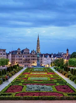 Images Dated 15th July 2019: View over Mont des Arts Public Garden towards Town Hall Spire at dusk, Brussels, Belgium