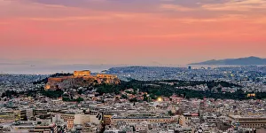 Parthenon Prints: View from Mount Lycabettus towards Acropolis at dusk, Athens, Attica, Greece