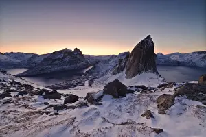 Ridges Prints: View of Mount Segla from peak Hesten with village of Fjordgard on left in Ornfjorden