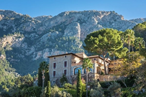 Cypresses Prints: View of the mountain village of Deia