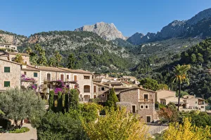 Fornalutx Prints: View of the mountain village of Fornalutx with Puig Major, the highest peak on Majorca