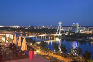View of New Bridge from Parliament Restaurant at dusk, Bratislava, Slovakia View of New Bridge from Parliament Restaurant at dusk, Bratislava, Slovakia