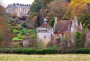 English Castle Prints: View towards Old Scotney Castle, with New Scotney Castle in the background, Kent, England