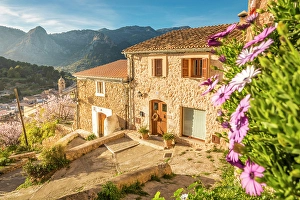Bunyola Prints: View over the old town of Bunyola to the Serra de Tramuntana mountains