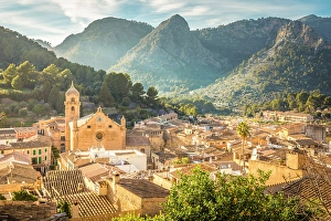 South Prints: View over the old town of Bunyola to the Serra de Tramuntana mountains