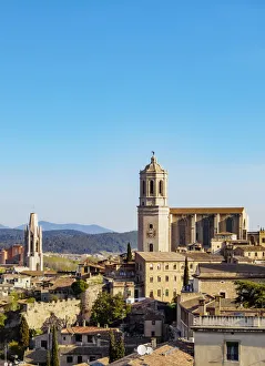Girona Prints: View over the Old Town towards the cathedral seen from the city walls, Girona or Gerona