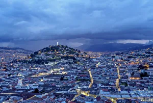Nightfall Prints: View over Old Town towards El Panecillo Hill at twilight, Quito, Pichincha Province