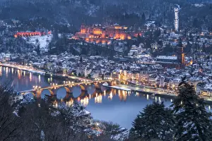 Jan Christopher Becke Prints: View of the old town of Heidelberg seen from the Philosophers Way in winter at night