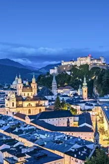 Images Dated 11th August 2017: View over the old town and Hohensalzburg Castle at dusk, Salzburg, Austria