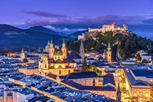 Images Dated 11th August 2017: View over the old town and Hohensalzburg Castle at dusk, Salzburg, Austria