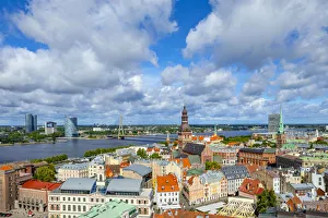 View Over Old Town Riga, Vansu Bridge and the River Daugava, Riga, Latvia View Over Old Town Riga, Vansu Bridge and the River Daugava, Riga, Latvia