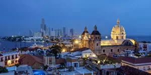 Images Dated 13th June 2018: View over Old Town towards San Pedro Claver Church and Bocagrande at dusk, Cartagena