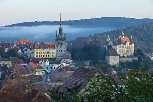 View at the old town of Sighisoara at dusk, Unesco World Heritage Site, Transylvania, Romania