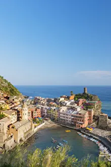 Cinque Terre Prints: View overt the rooftops and port of Vernazza from above Santa Margherita di Antiochia