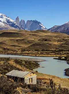 View over Paine River towards Towers of Paine, Torres del Paine National Park, Patagonia