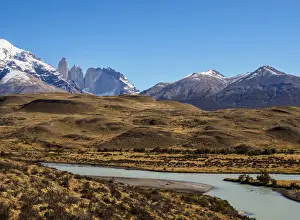 View over Paine River towards Towers of Paine, Torres del Paine National Park, Patagonia