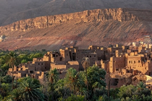 Palmerie Prints: View over palmerie to old abandoned mud brick houses, Tinherir, Morocco