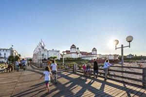 Binz Prints: View from pier towards Kurhaus at sundown, Binz, Rügen Island