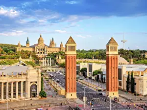 Catalan Prints: View over Placa d'Espanya and Venetian Towers towards the National Art Museum and Montjuic at sunset