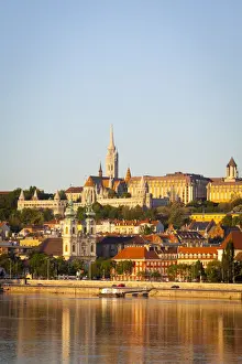 Central European Prints: View along the River Danube towards Buda Hill & the Martyas Church illuminated