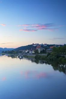 View of River Elbe and Pirna at dawn, Saxony, Germany