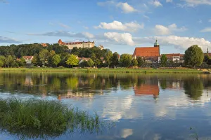View of River Elbe and Sonnenstein Castle, Pirna, Saxony, Germany