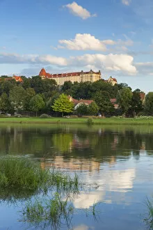 View of River Elbe and Sonnenstein Castle, Pirna, Saxony, Germany