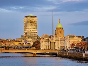 Bank Prints: View over River Liffey towards The Custom House and The Spire at sunrise, Dublin, Ireland