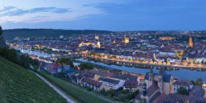 View of River Main and Wurzburg at dusk, Bavaria, Germany