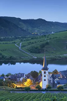 View of River Moselle at dusk, Bremm, Rhineland-Palatinate, Germany