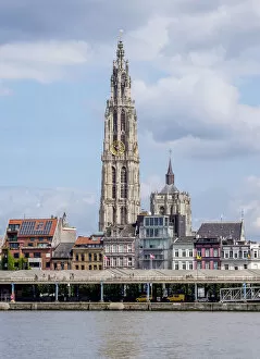 Images Dated 25th April 2018: View over River Scheldt towards Cathedral of Our Lady, Antwerp, Belgium