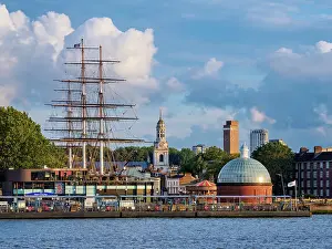 River Bank Prints: View over River Thames towards Cutty Sark British Clipper Ship and St Alfege Church in Greenwich