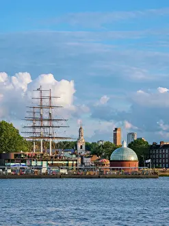 River Bank Prints: View over River Thames towards Cutty Sark British Clipper Ship and St Alfege Church in Greenwich