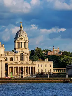 River Bank Prints: View over River Thames towards The Old Royal Naval College and Royal Observatory in Greenwich Park at sunset