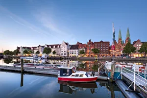Lubeck Prints: View over river Trave towards old town, LAobeck, Baltic coast, Schleswig-Holstein