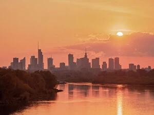 Q2 2023 Collection: View over River Vistula towards City Centre Skyline at sunset, Warsaw, Masovian Voivodeship, Poland